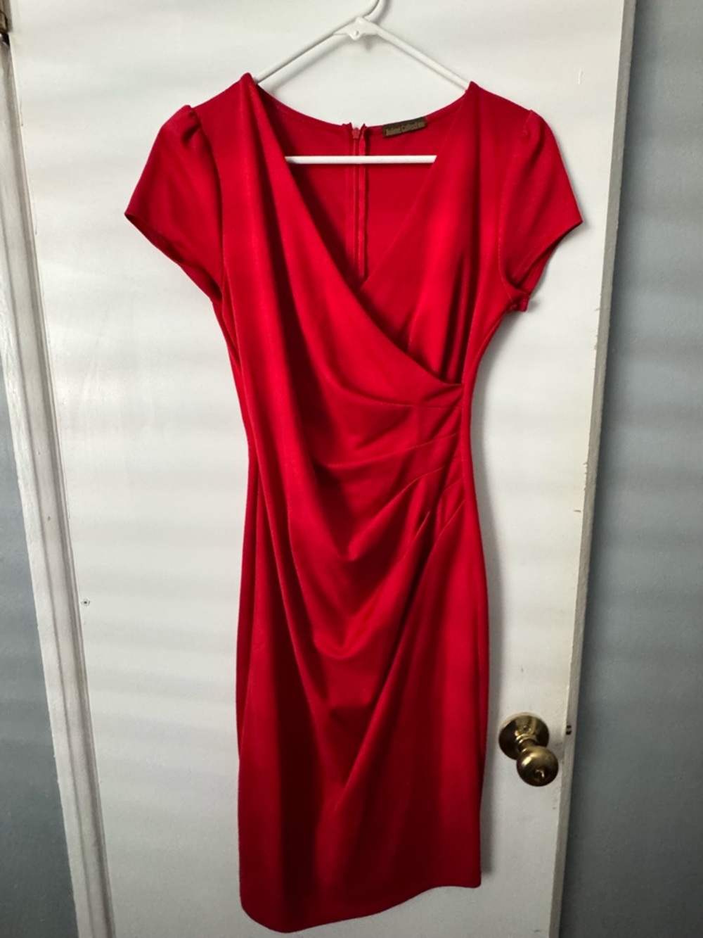 Red Draped Midi Dress with V-Neck